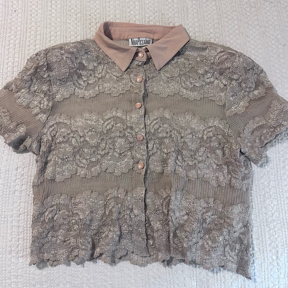 Nina PiccaLino Lace Button-Up Short Sleeve Top